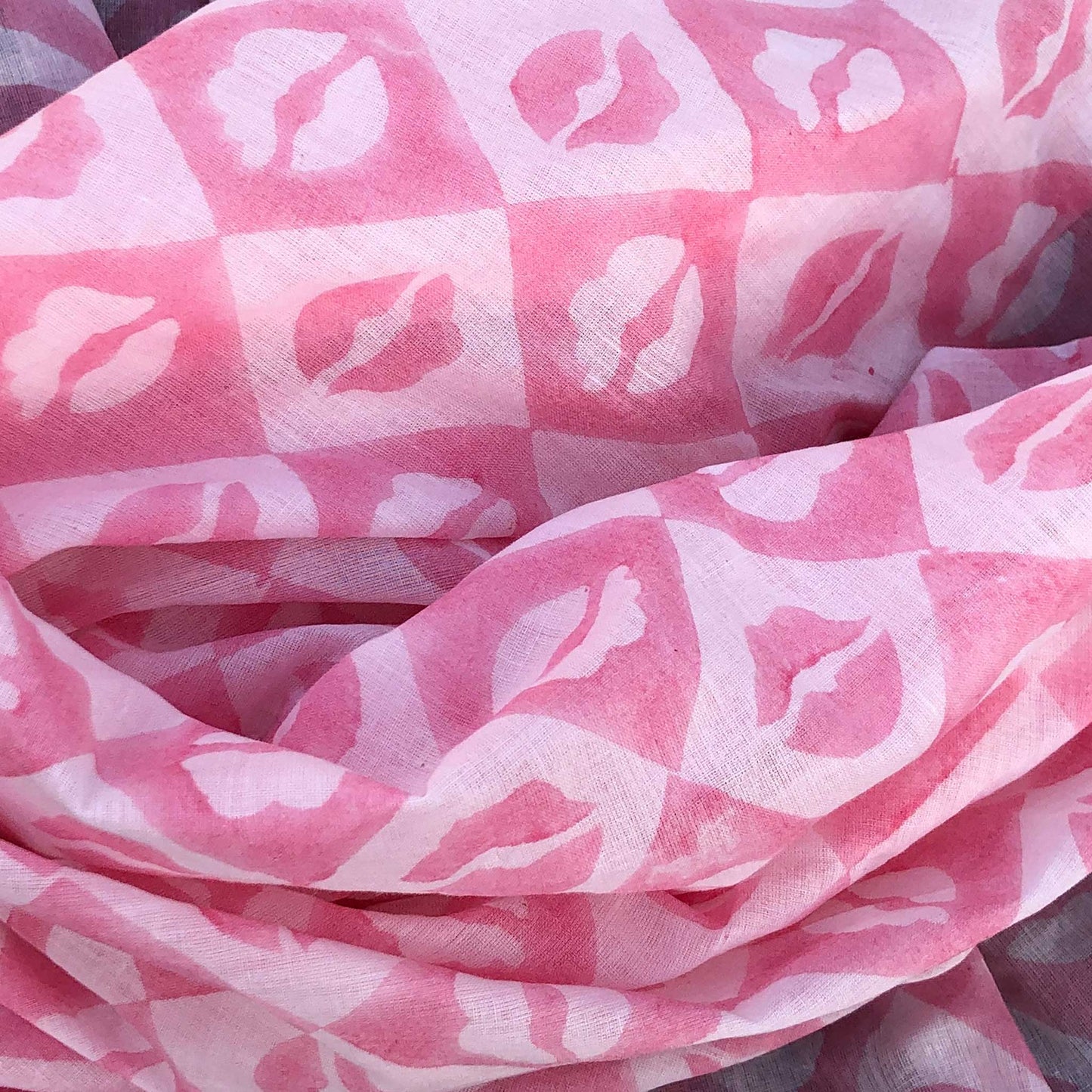 Pink Lips Block Print I Cotton Mulmul Stole