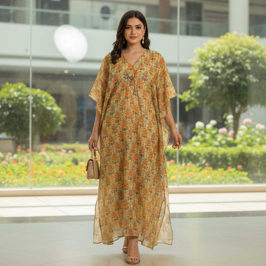Boho Floral Kaftan Dress |  Earthy Tones, 55" Length Cotton Silk