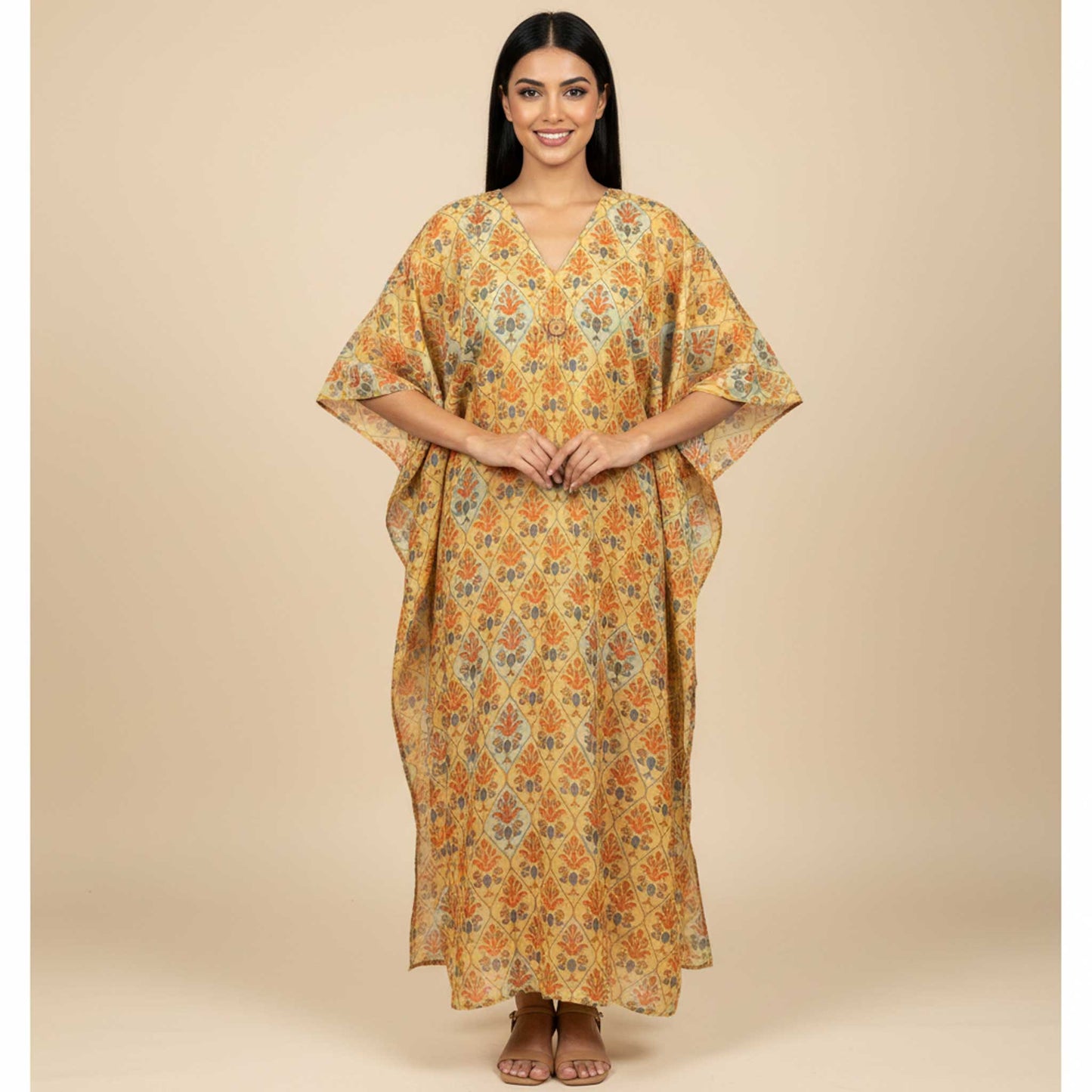 Boho Floral Kaftan Dress |  Earthy Tones, 55" Length Cotton Silk