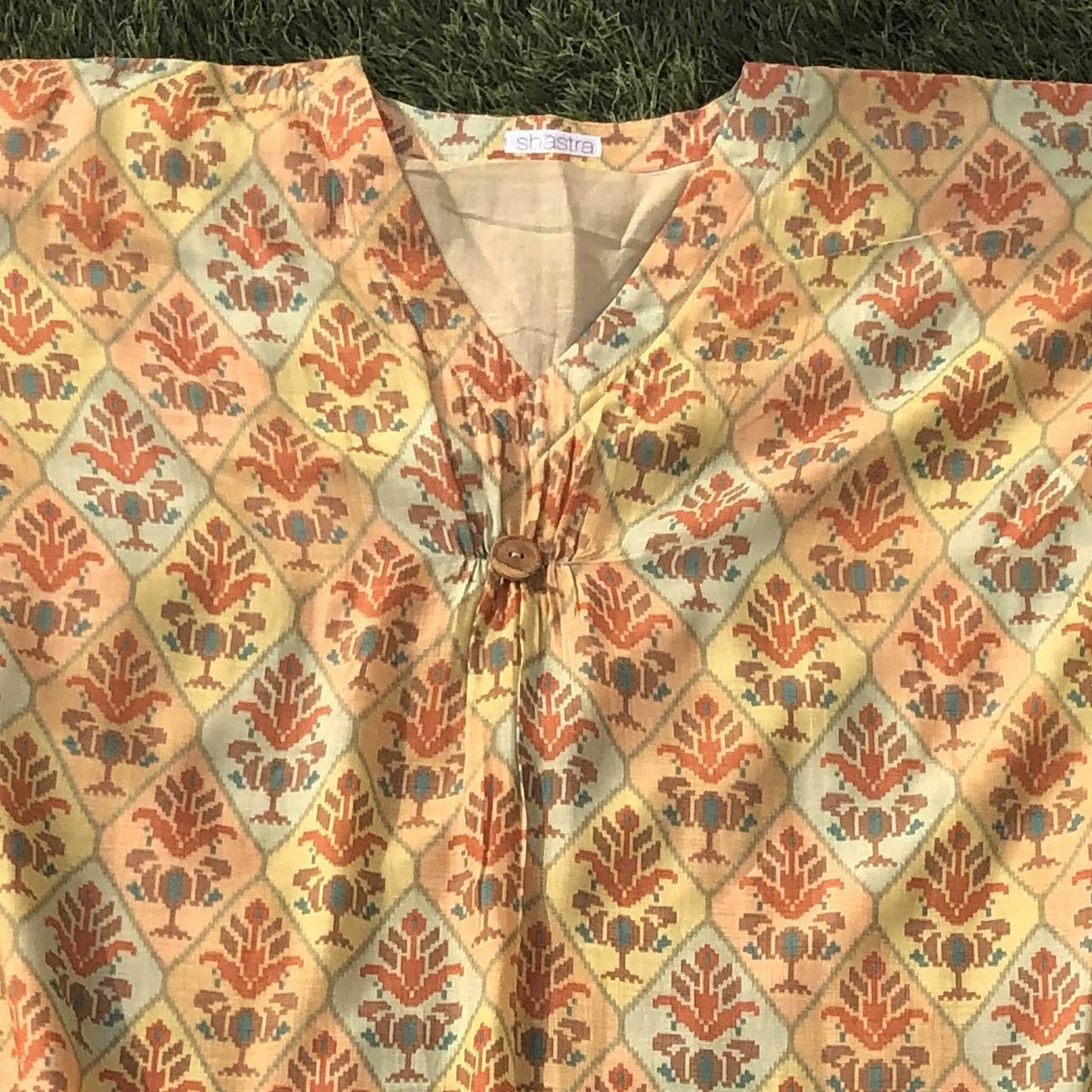 Boho Floral Kaftan Dress |  Earthy Tones, 55" Length Cotton Silk