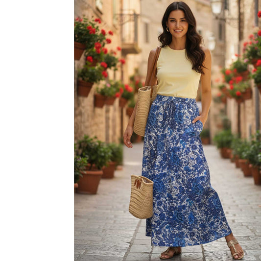 Floral Blue Satin Skirt , 41” Flowing Printed Skirt