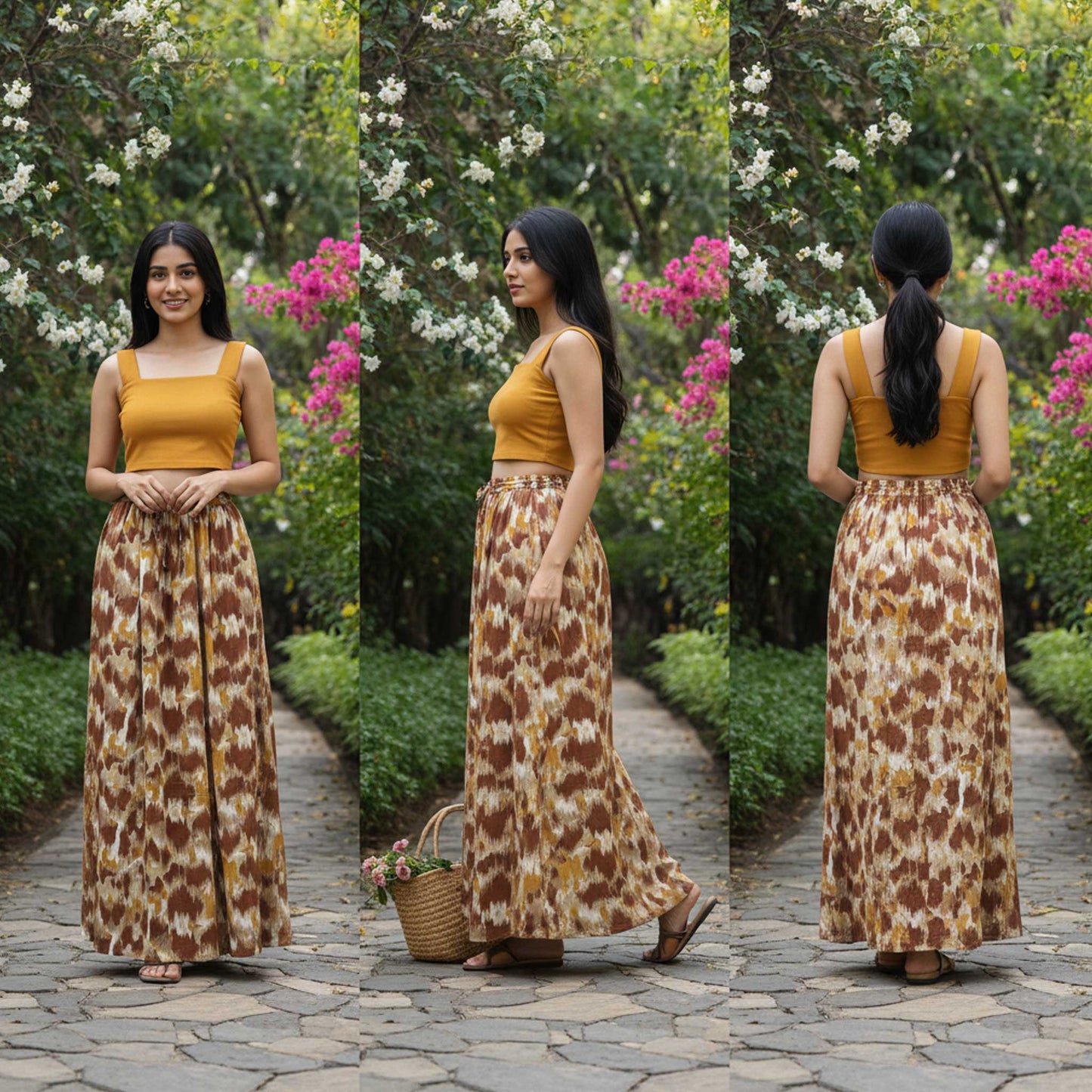 Earthy Brown Ikat Print Skirt, 41” | Satin Polyester