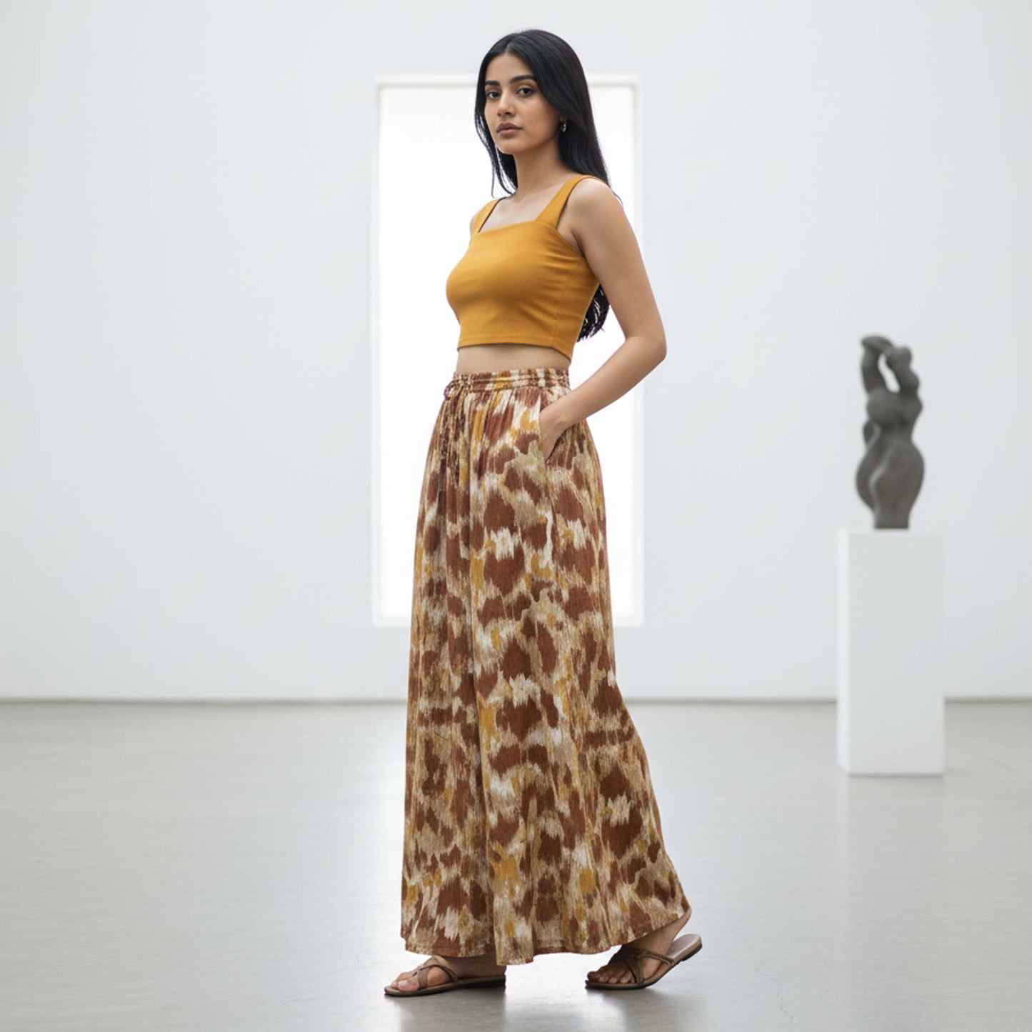 Earthy Brown Ikat Print Skirt, 41” | Satin Polyester