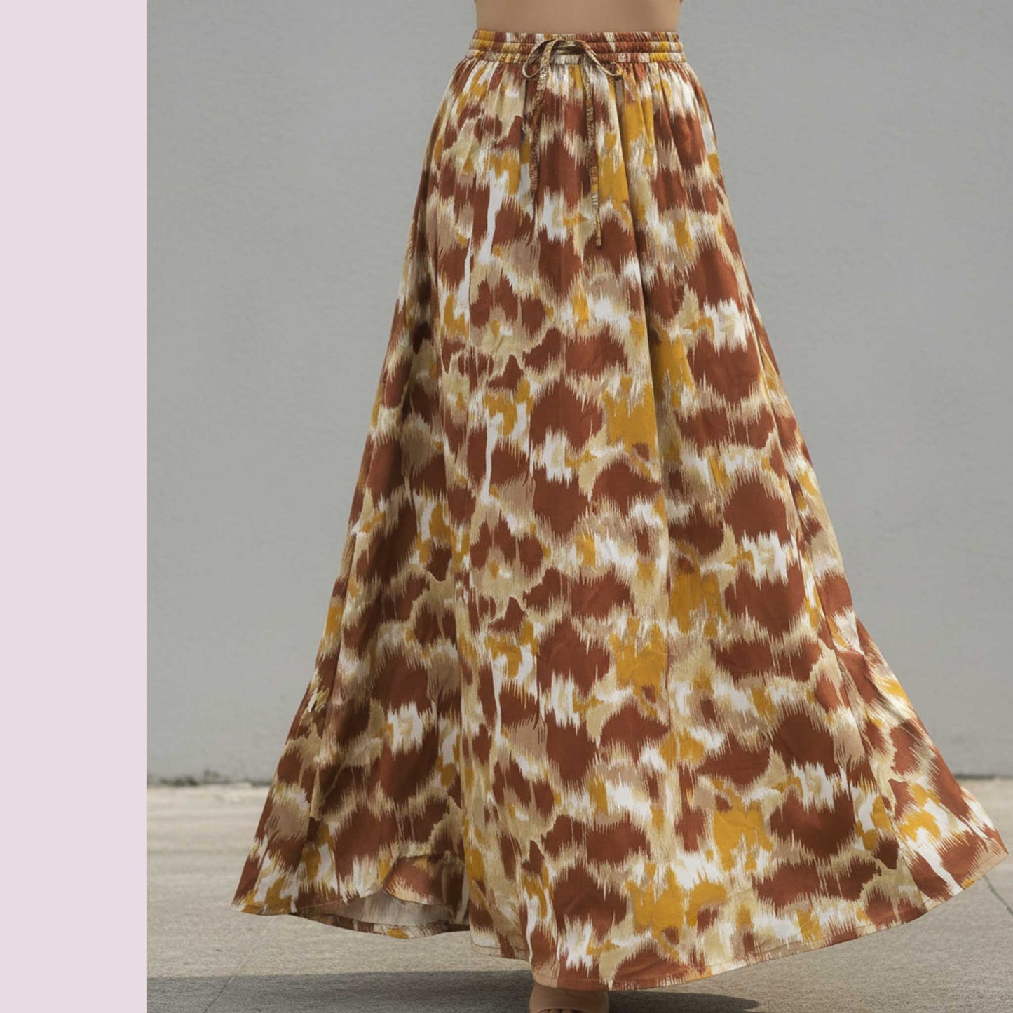 Earthy Brown Ikat Print Skirt, 41” | Satin Polyester