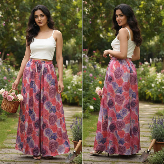 Elegant Floral Satin  Skirt, Rose & Plum  41” | Satin Polyester