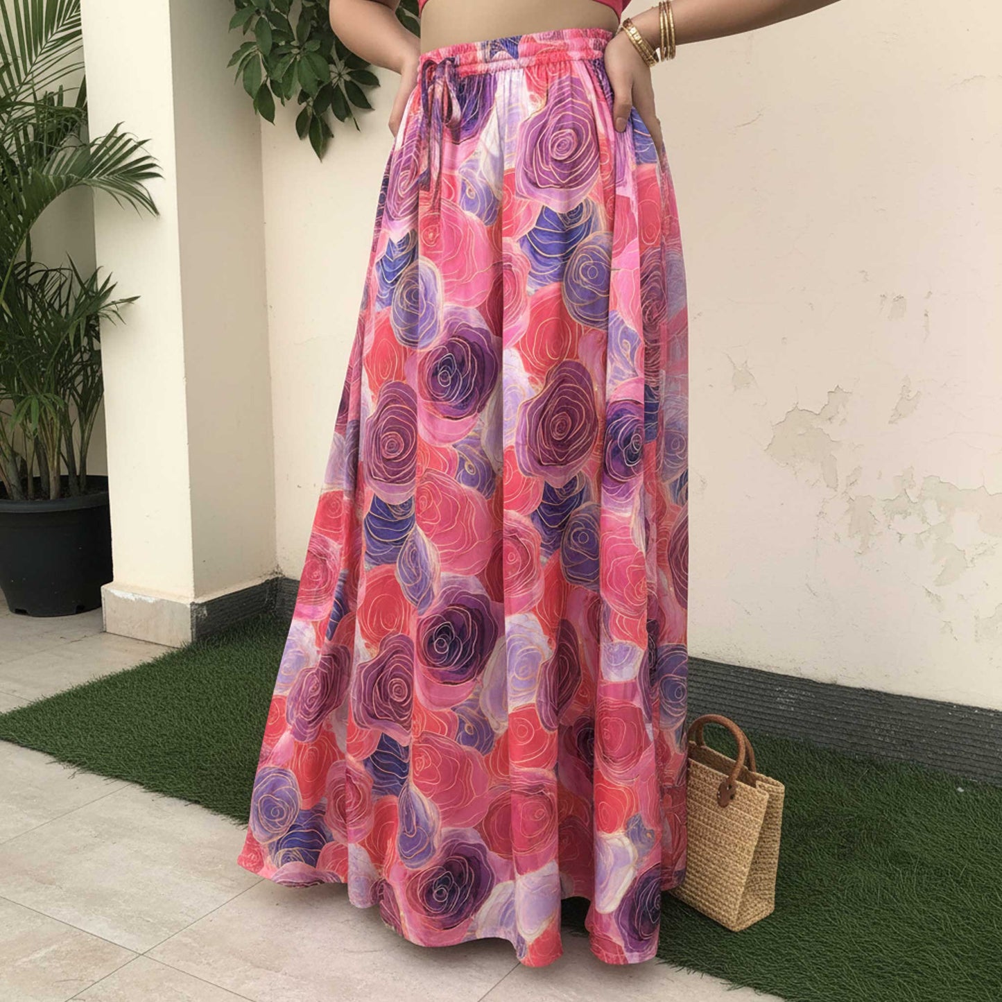 Elegant Floral Satin  Skirt, Rose & Plum  41” | Satin Polyester