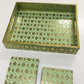 Handcrafted Aqua Green MDF Tray Set with Coasters set of 4 | Elegant Golden Motif Finish