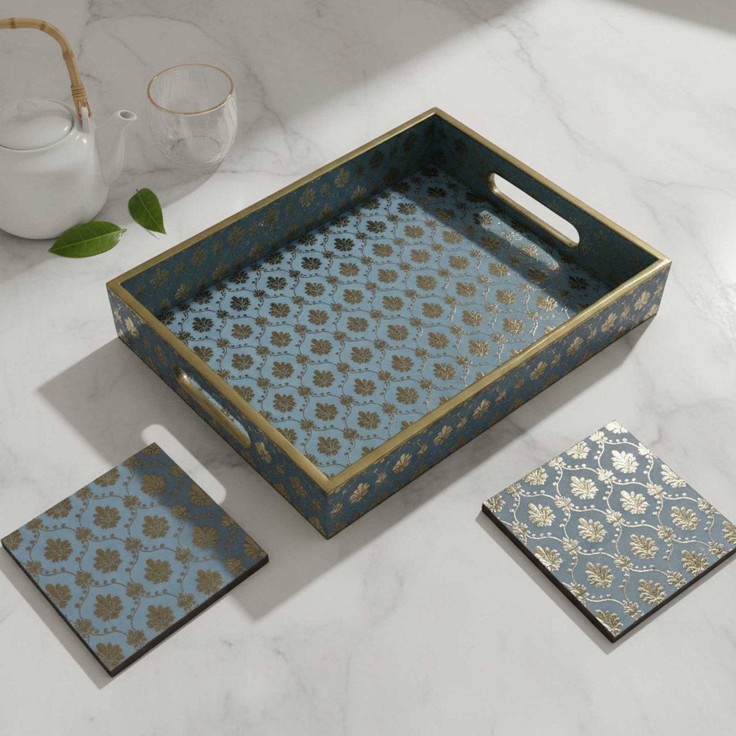 Handcrafted Aqua Blue MDF Tray Set with Coasters set of 4 | Elegant Golden Motif Finish