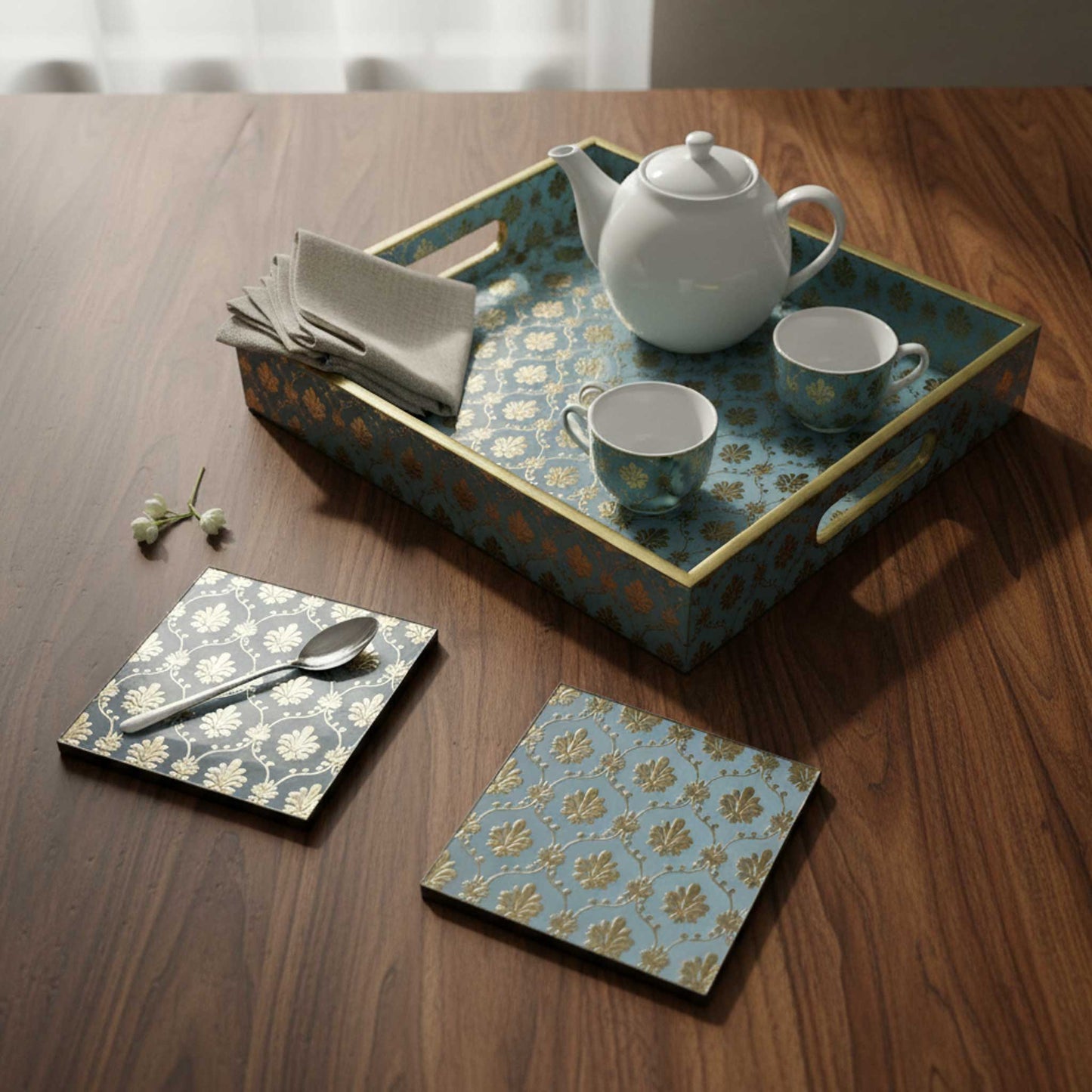 Handcrafted Aqua Blue MDF Tray Set with Coasters set of 4 | Elegant Golden Motif Finish