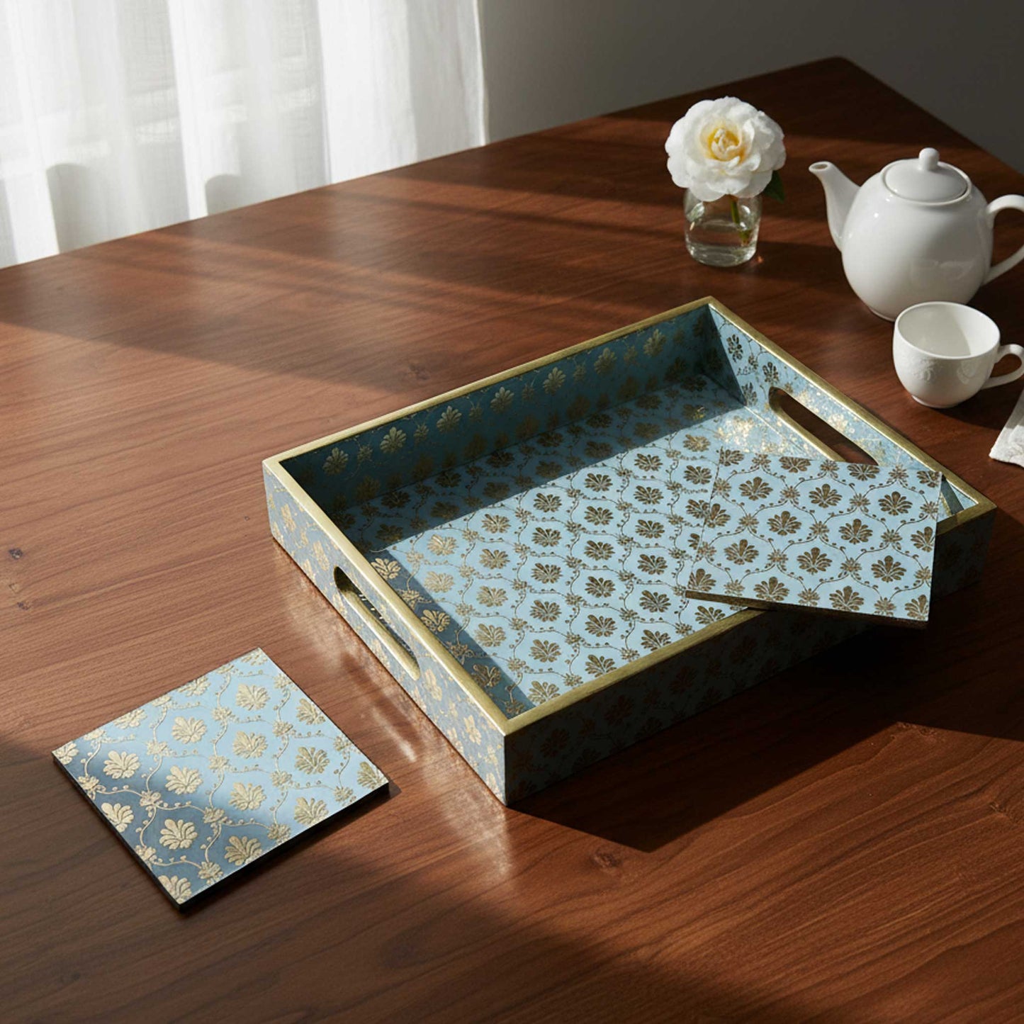 Handcrafted Aqua Blue MDF Tray Set with Coasters set of 4 | Elegant Golden Motif Finish