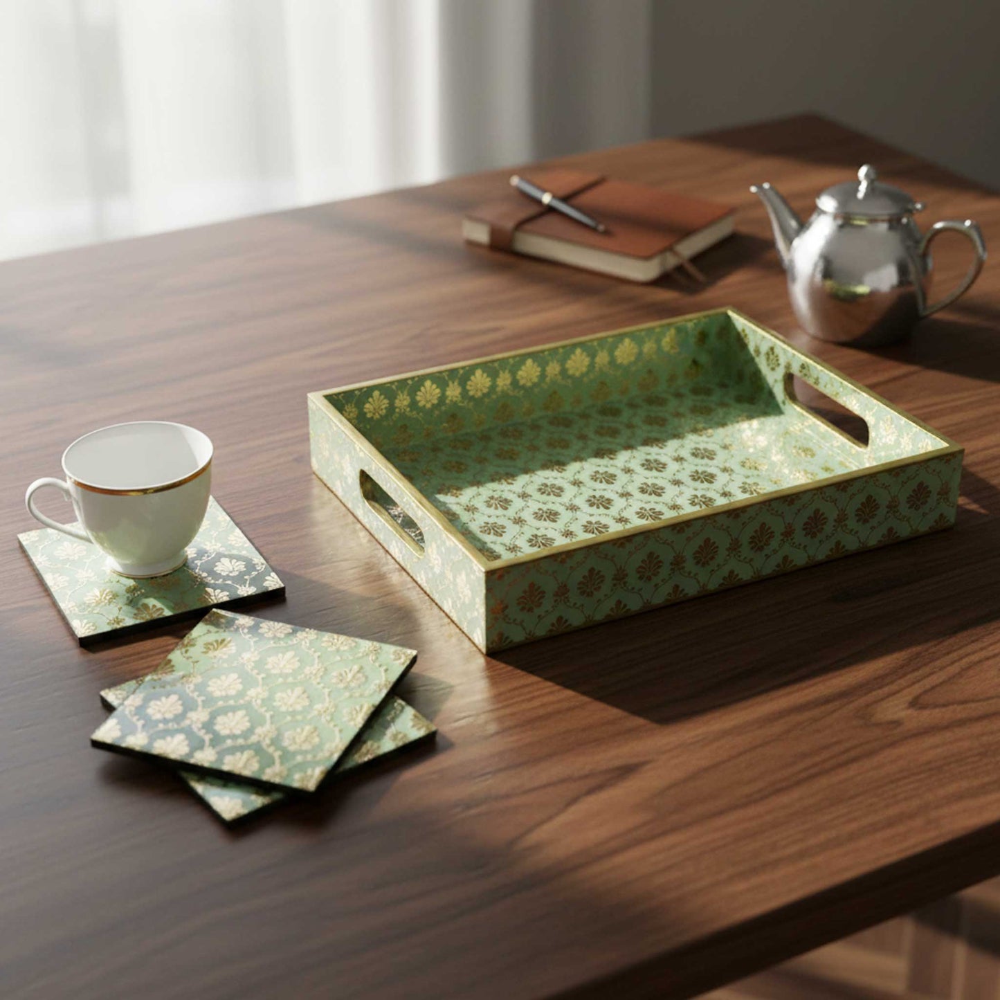 Handcrafted Aqua Green MDF Tray Set with Coasters set of 4 | Elegant Golden Motif Finish
