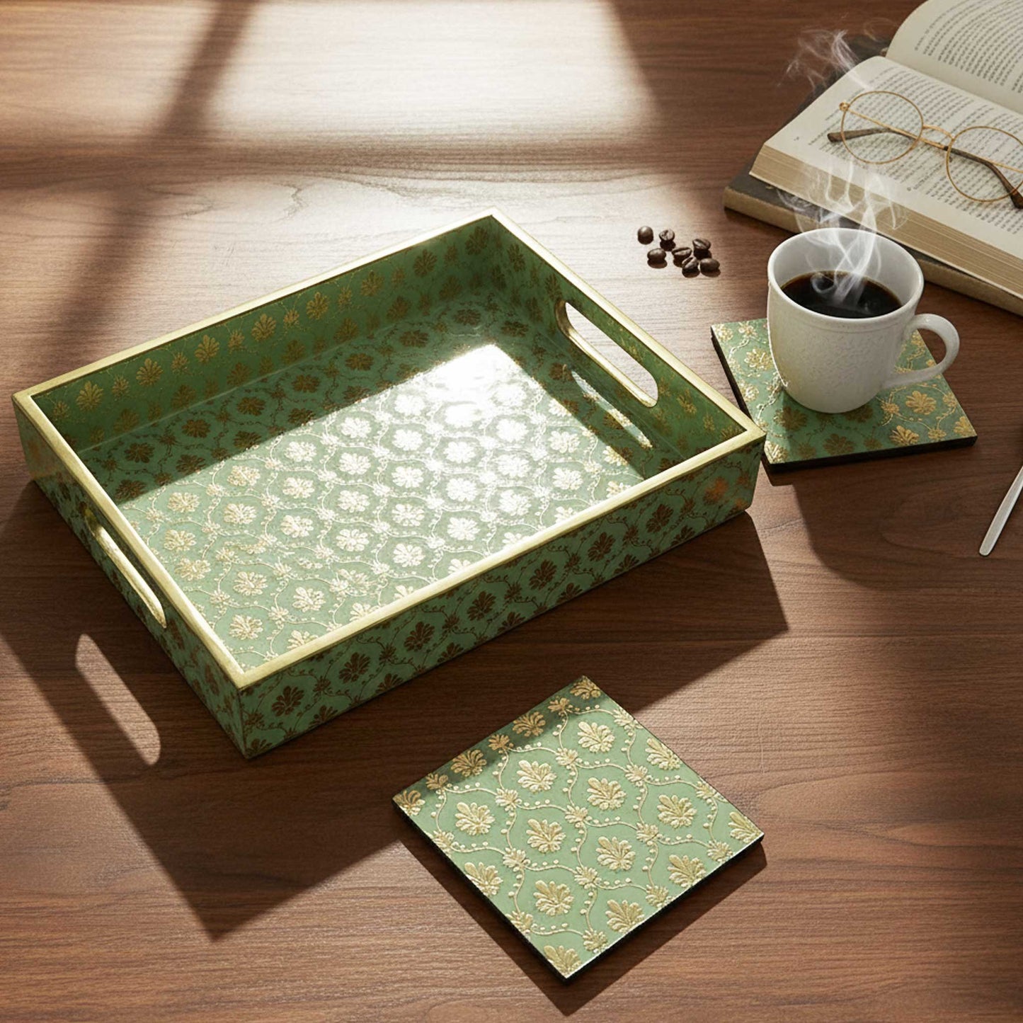 Handcrafted Aqua Green MDF Tray Set with Coasters set of 4 | Elegant Golden Motif Finish