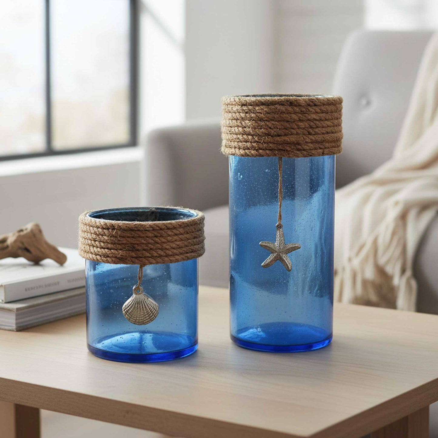 Blue Bubble Glass Lantern set of 2 ( Large & Small )