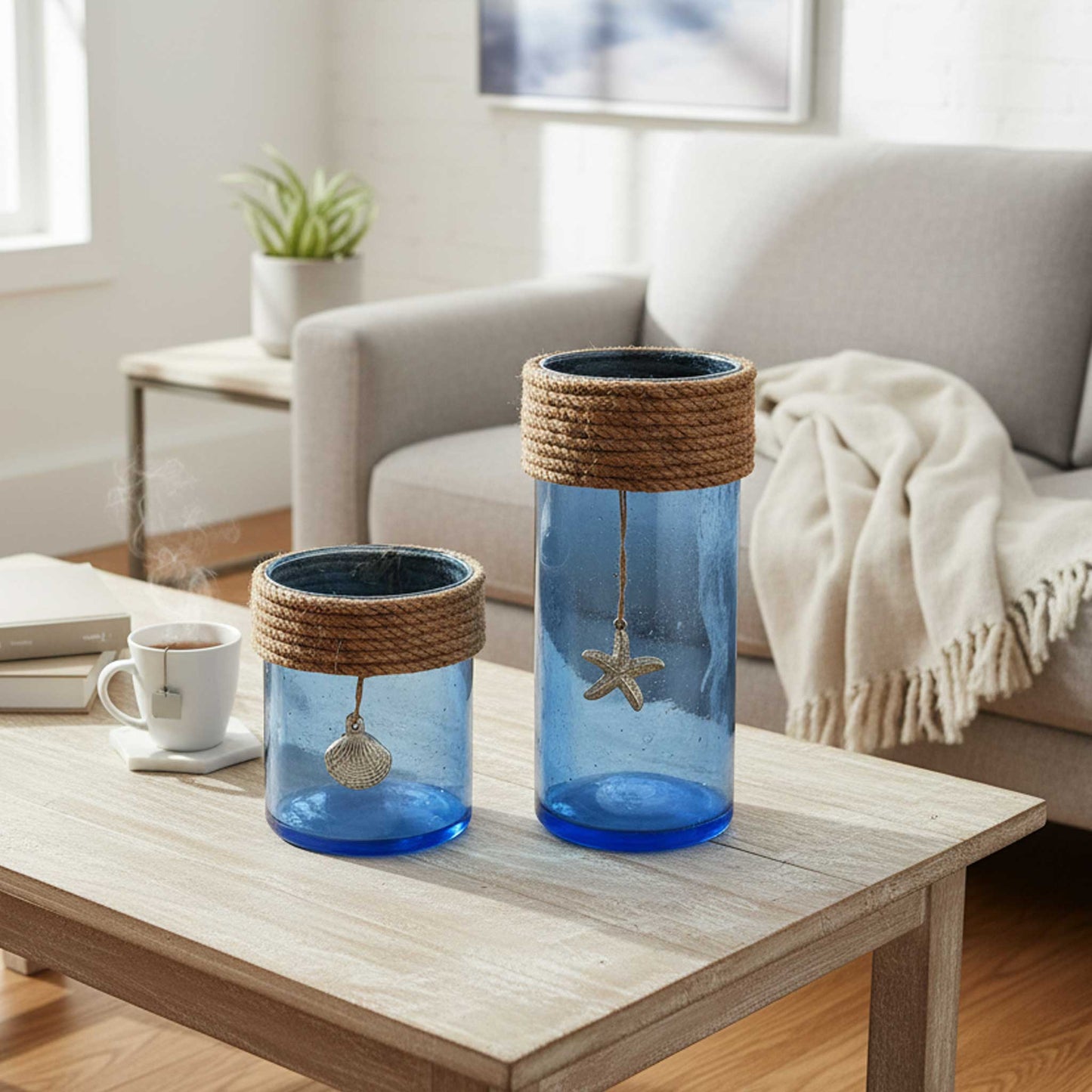 Blue Bubble Glass Lantern set of 2 ( Large & Small )