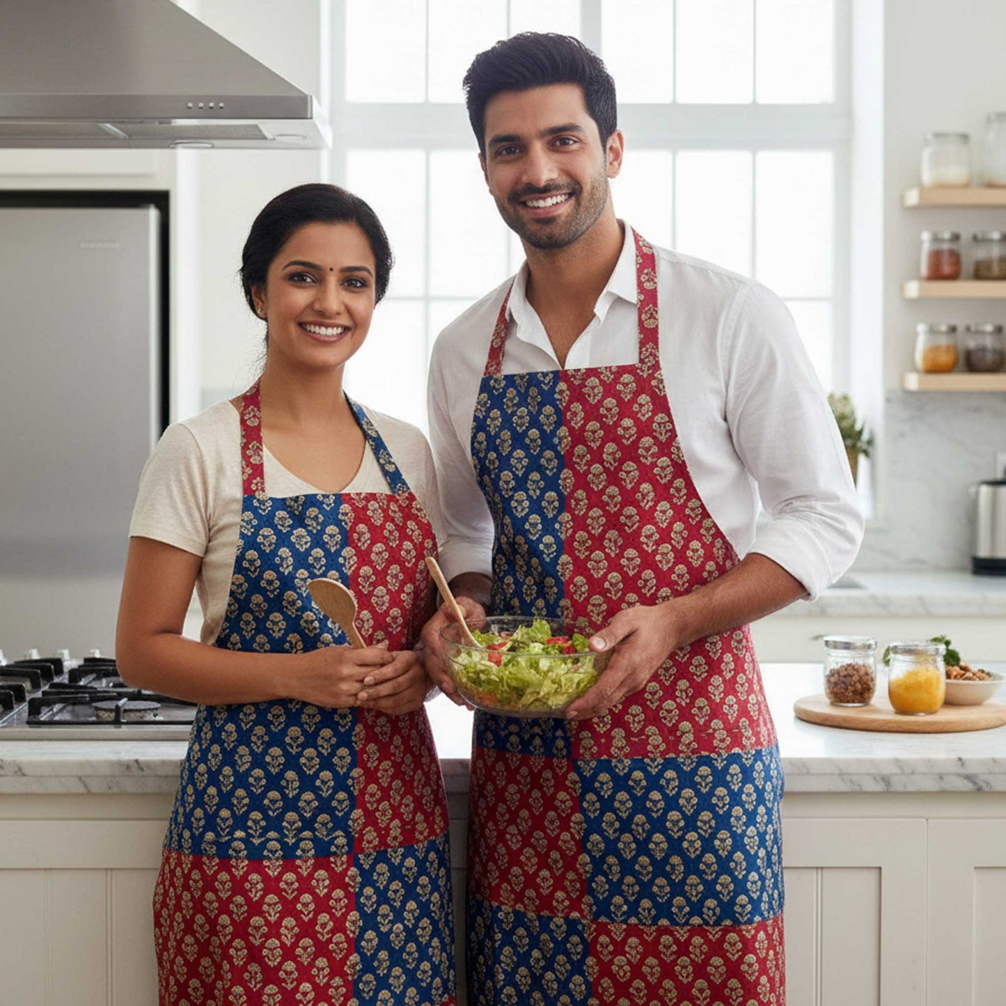 Dual-Tone Cotton Printed Kitchen Apron set of 2