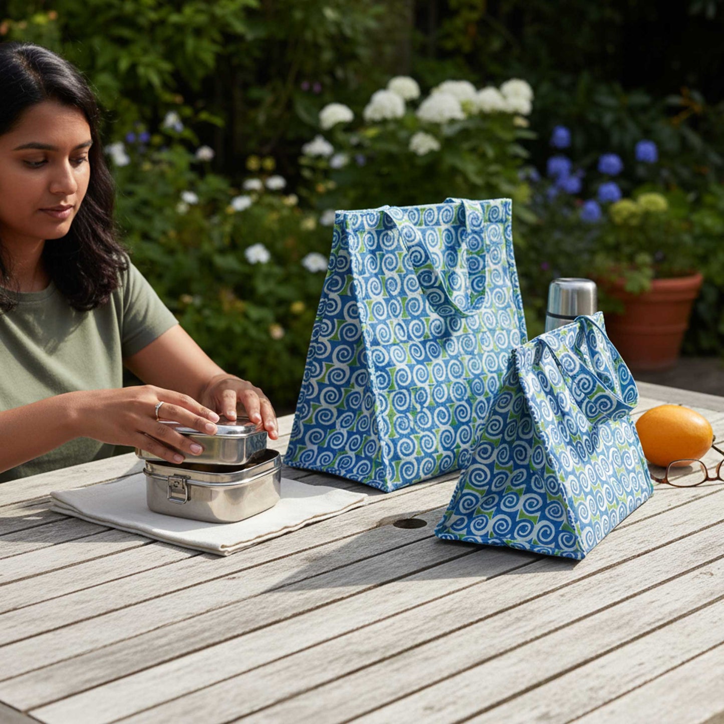 Lunch Lock I Blue Spiral Floral Insulated Lunch Bag Hot & Cold Food / Pack of 2