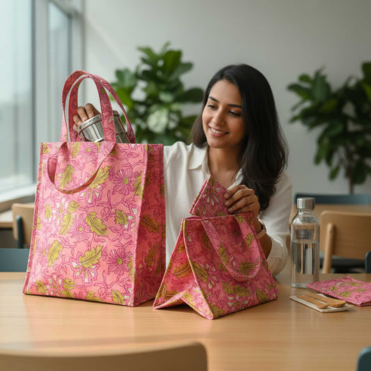 Fresh Nest I Pink Floral Insulated Lunch Bag Hot & Cold Food / Pack of 2