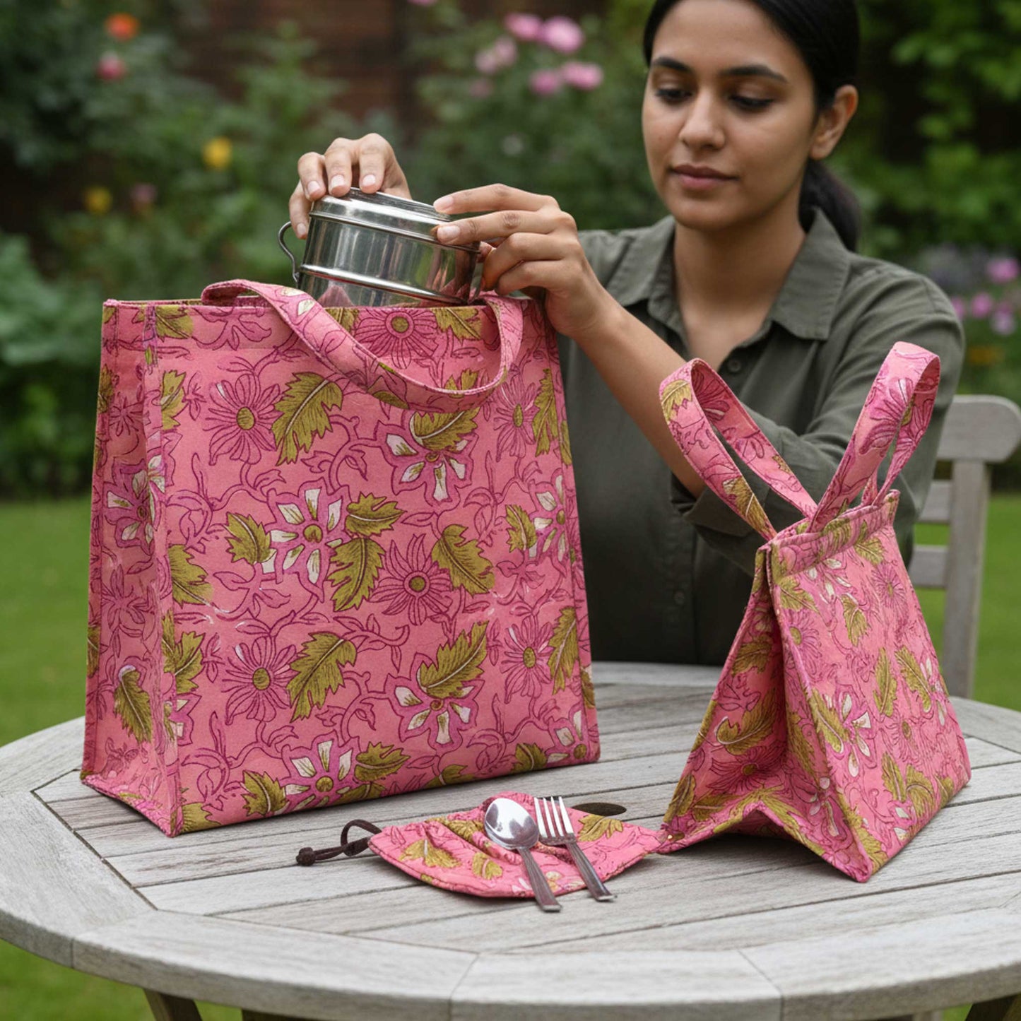 Fresh Nest I Pink Floral Insulated Lunch Bag Hot & Cold Food / Pack of 2