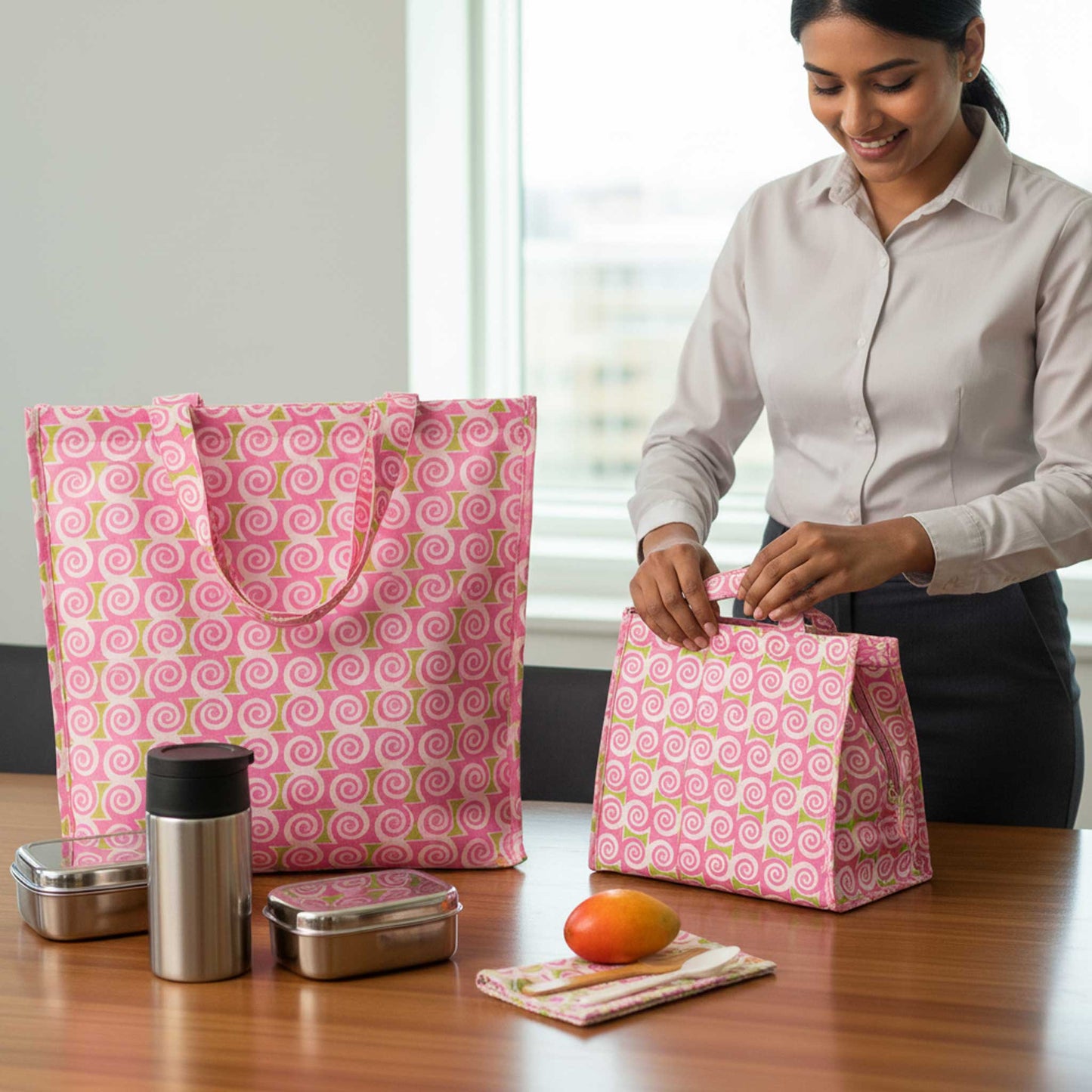 Heat Safe I Pink Spiral Insulated Lunch Bag Hot & Cold Food / Pack of 2