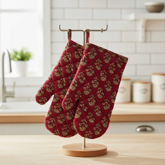 Red Floral I Printed Padded Oven Mitt