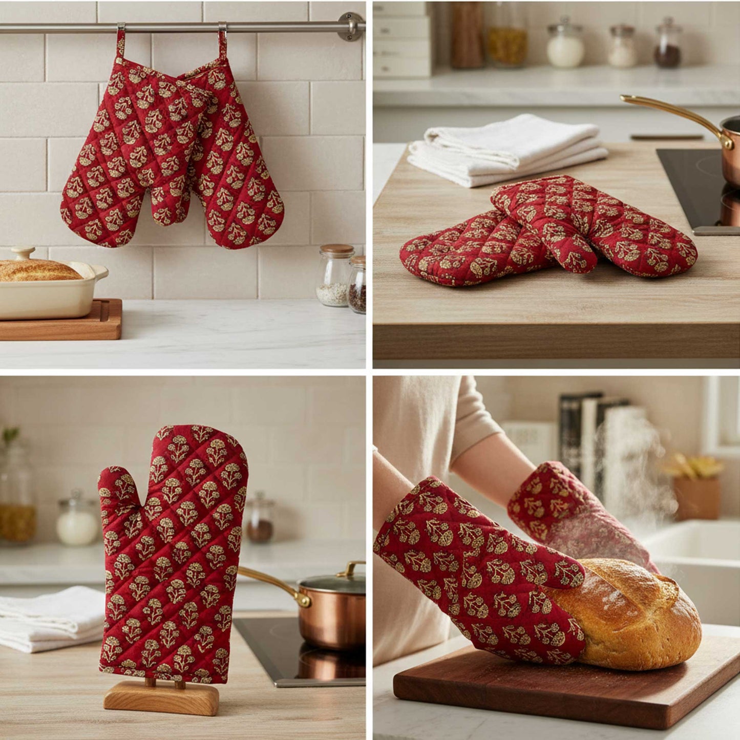 Red Floral I Printed Padded Oven Mitt