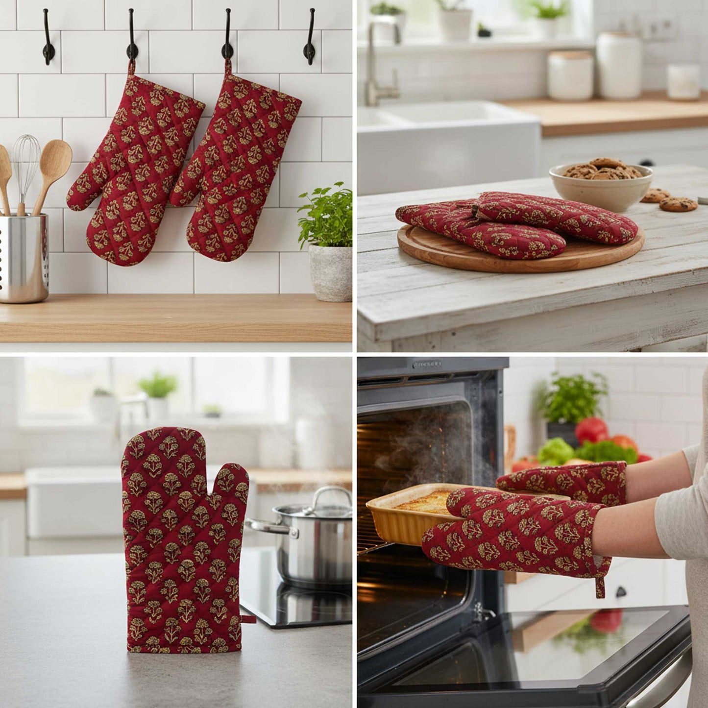 Red Floral I Printed Padded Oven Mitt