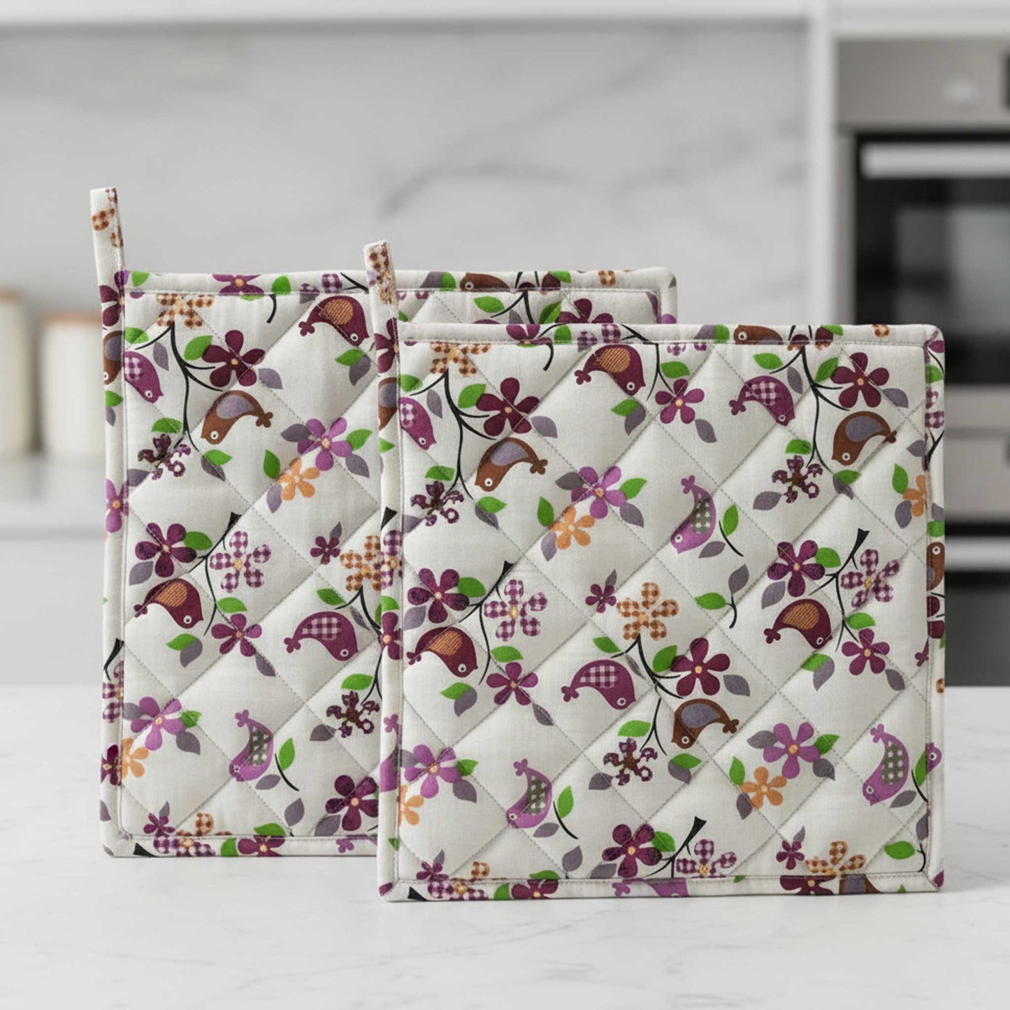 Floral Bird I  Quilted Pot Holder Set / 2 pack