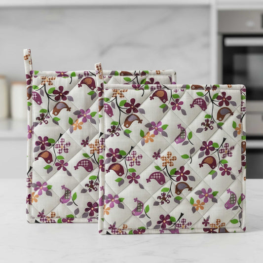 Floral Bird I  Quilted Pot Holder Set / 2 pack