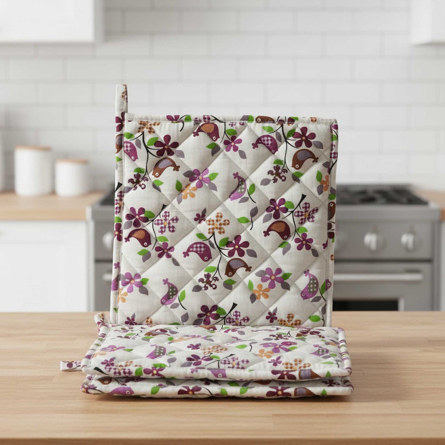 Floral Bird I  Quilted Pot Holder Set / 2 pack