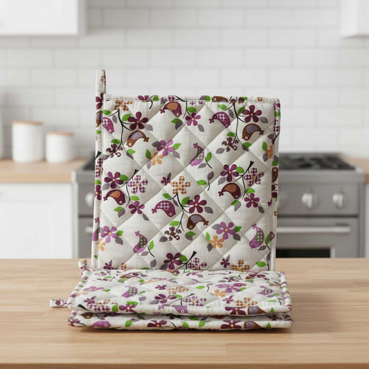 Floral Bird I  Quilted Pot Holder Set / 2 pack
