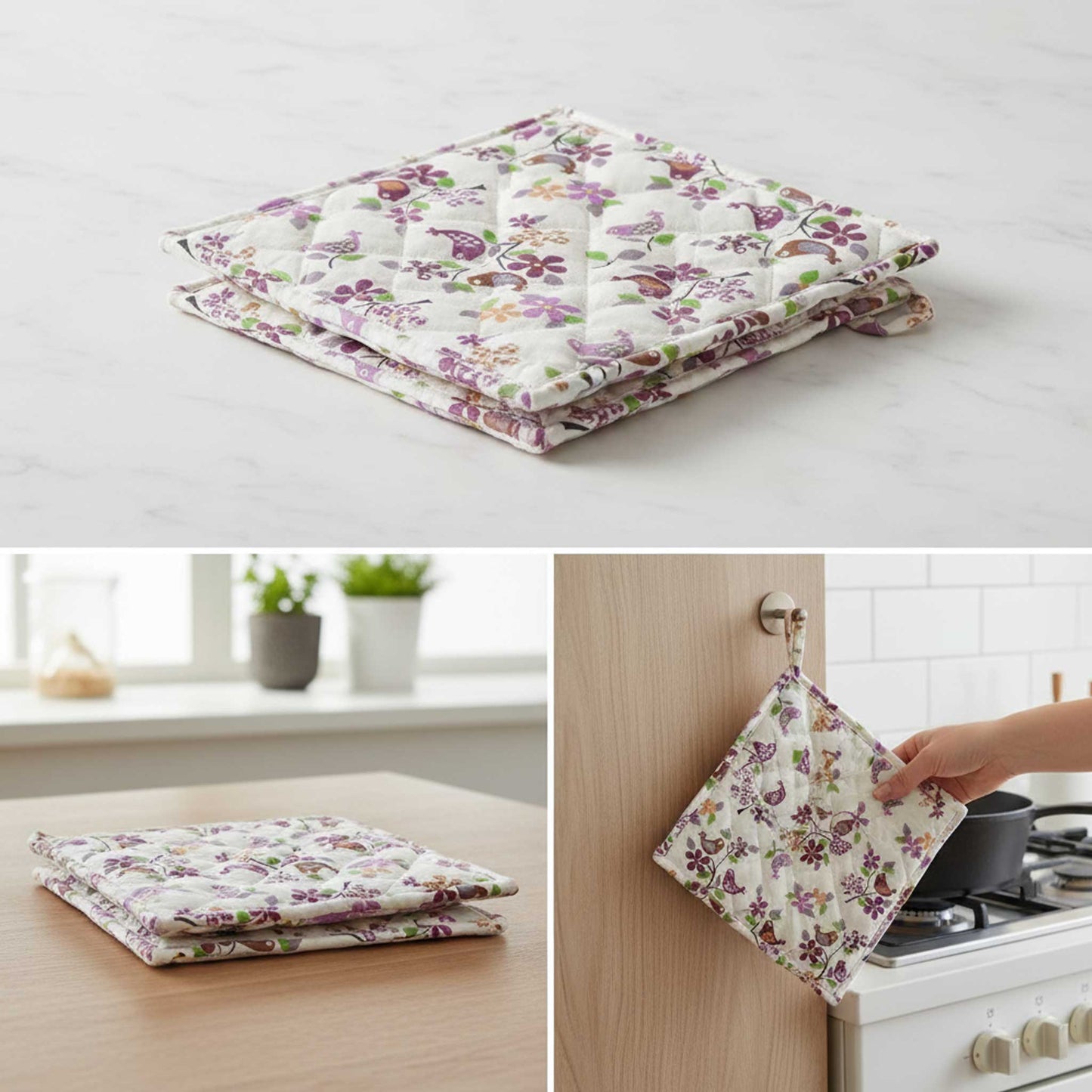 Floral Bird I  Quilted Pot Holder Set / 2 pack