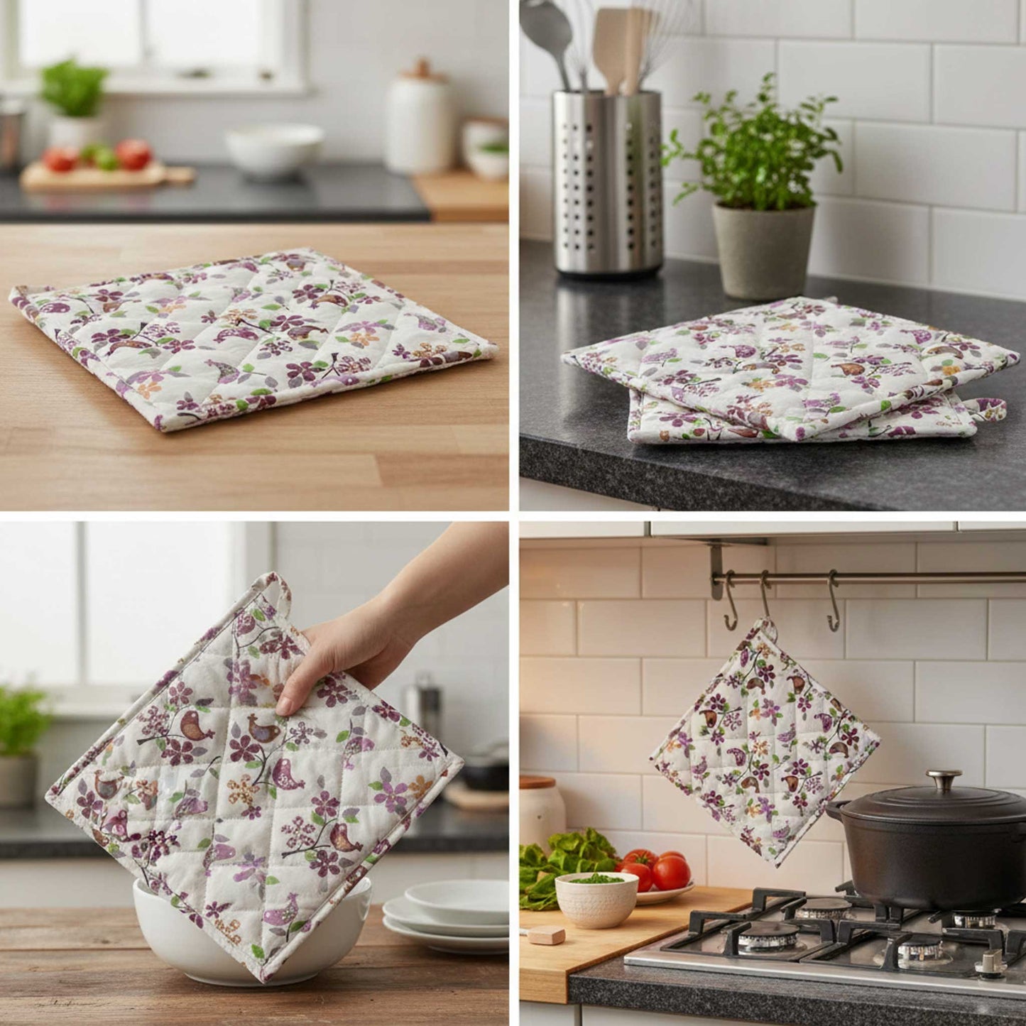 Floral Bird I  Quilted Pot Holder Set / 2 pack
