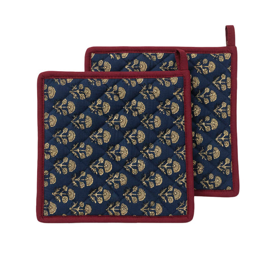 Blue Floral I Printed  Quilted Pot Holder Set / 2 pack