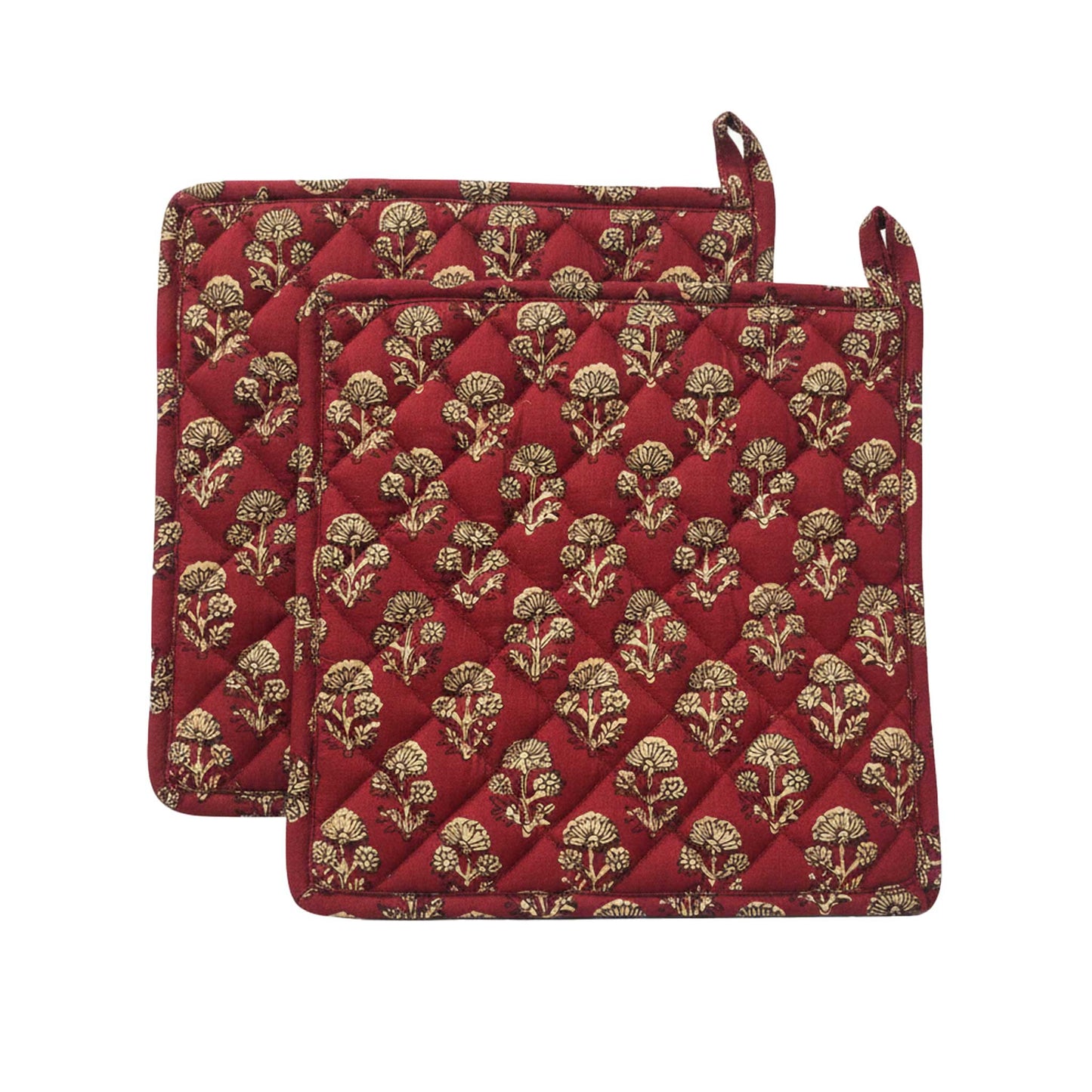 Red Floral I Printed  Quilted Pot Holder Set / 2 pack