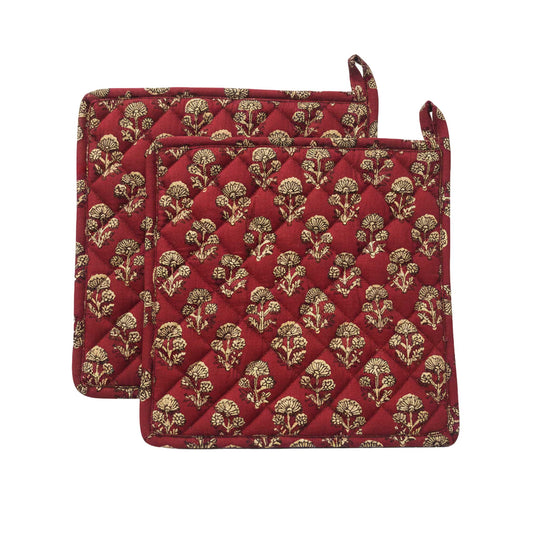 Red Floral I Printed  Quilted Pot Holder Set / 2 pack