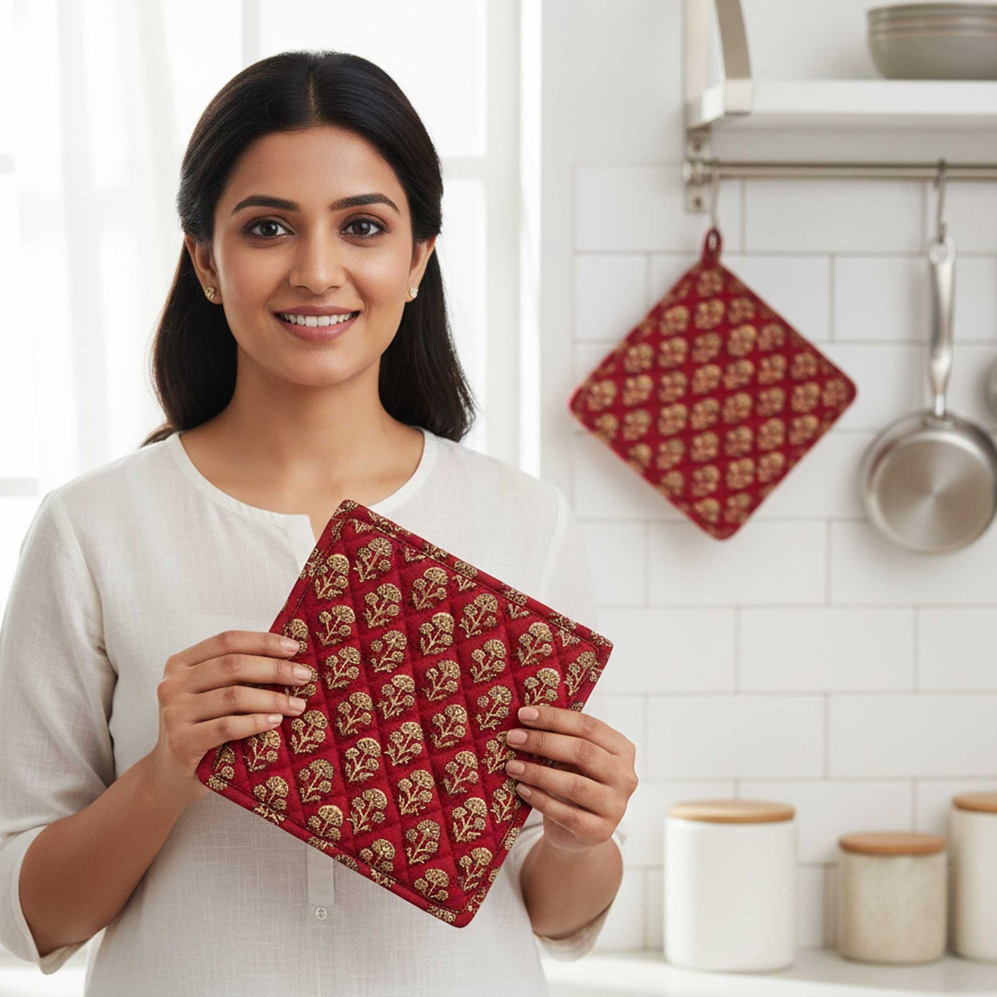 Red Floral I Printed  Quilted Pot Holder Set / 2 pack