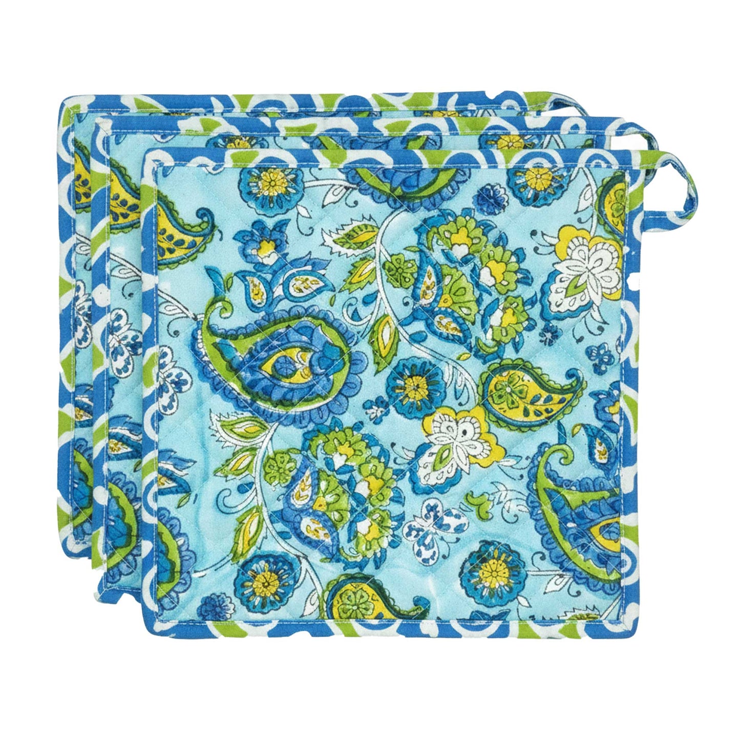 Blue Paisley I Printed  Quilted Pot Holder Set / 2 pack