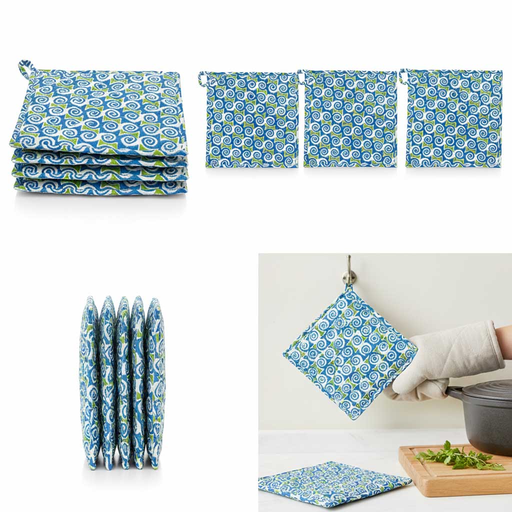 Blue Swirl I Printed  Quilted Pot Holder Set / 2 pack