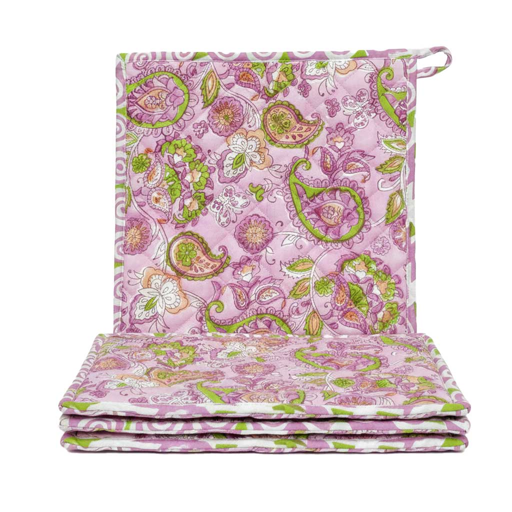 Pink Paisley I Printed  Quilted Pot Holder Set / 2 pack