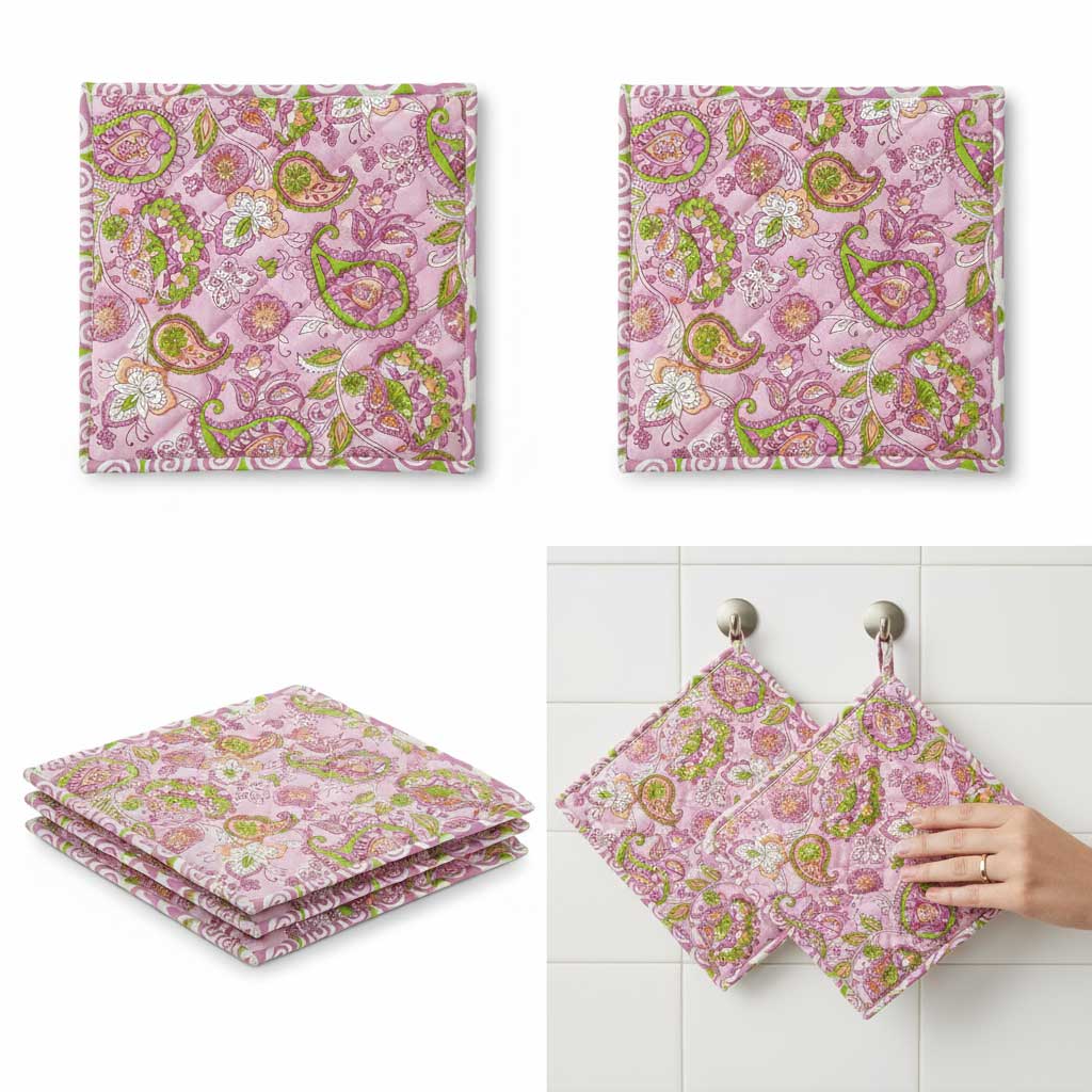 Pink Paisley I Printed  Quilted Pot Holder Set / 2 pack