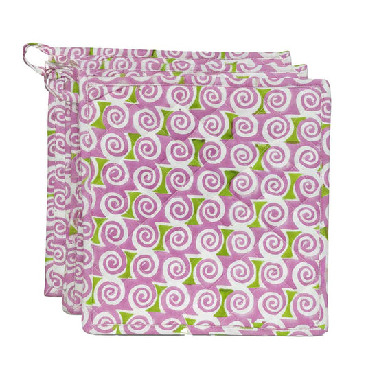 Pink White Swirl I Printed  Quilted Pot Holder Set / 2 pack