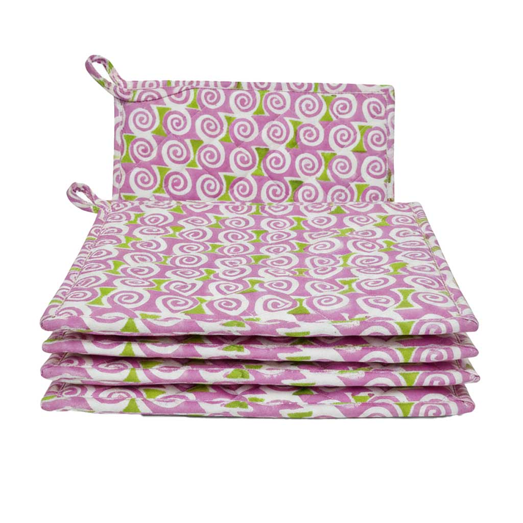 Pink White Swirl I Printed  Quilted Pot Holder Set / 2 pack
