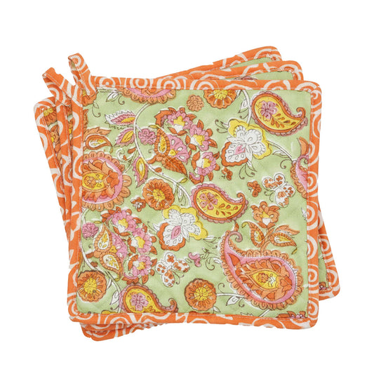 Sage Green Paisley I Printed  Quilted Pot Holder Set / 2 pack