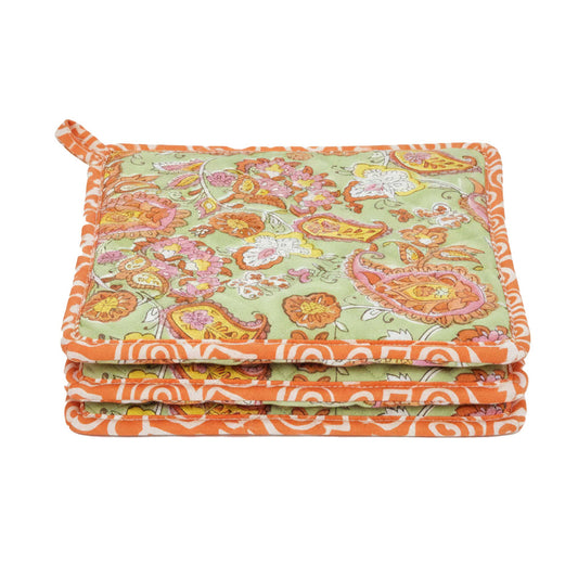 Sage Green Paisley I Printed  Quilted Pot Holder Set / 2 pack