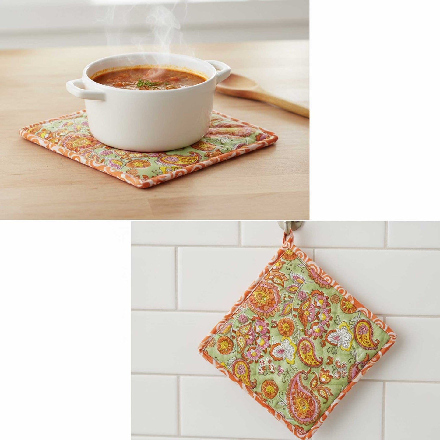 Sage Green Paisley I Printed  Quilted Pot Holder Set / 2 pack