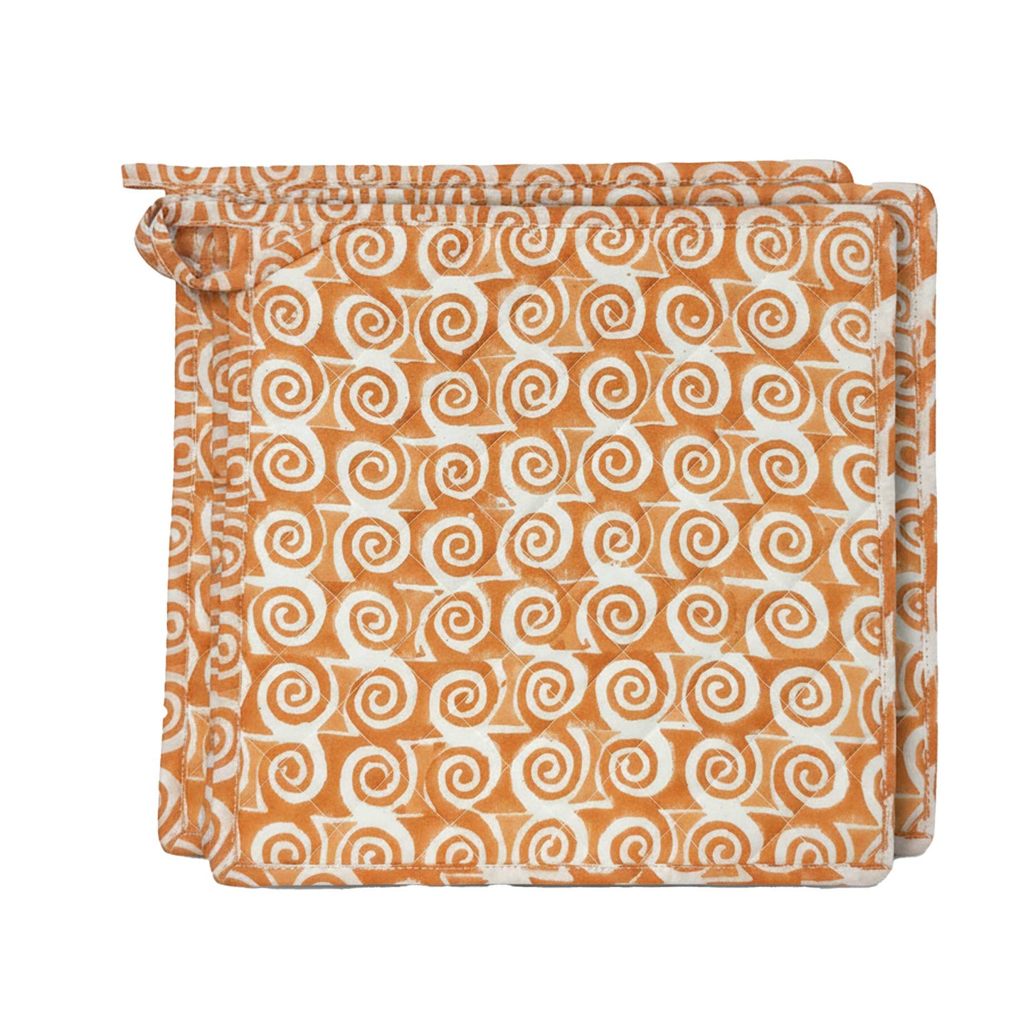 Rust Orange Spiral I Printed  Quilted Pot Holder Set / 2 pack