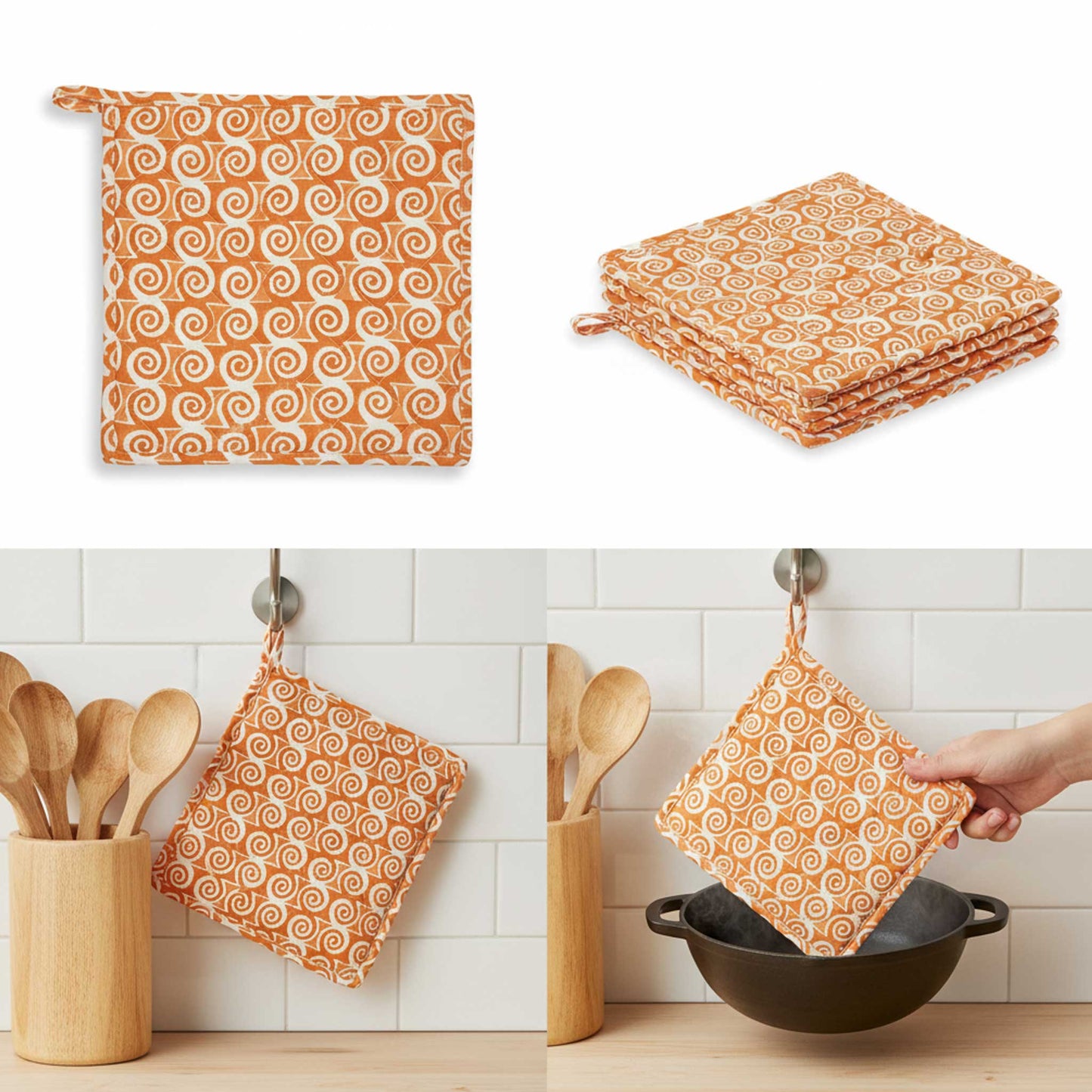 Rust Orange Spiral I Printed  Quilted Pot Holder Set / 2 pack