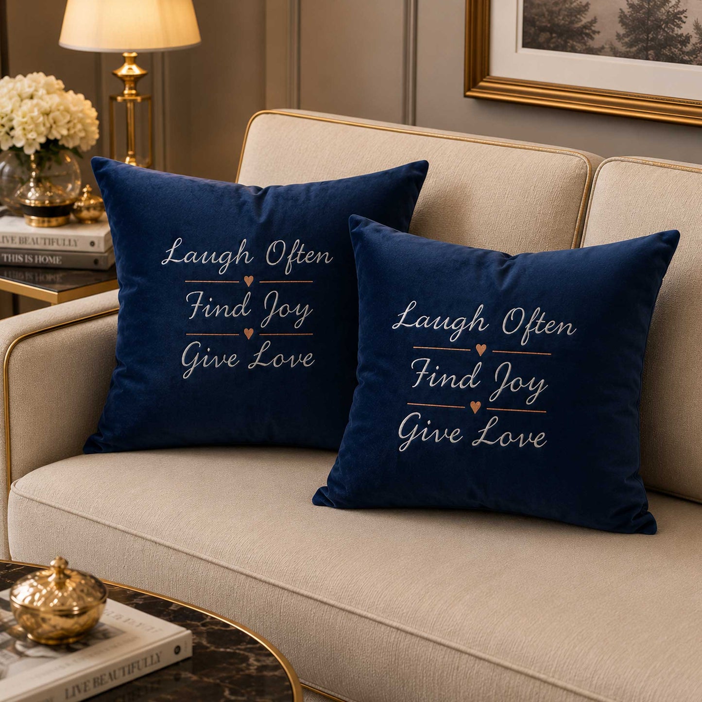Inspirational Navy Blue Velvet Cushion - Give Love