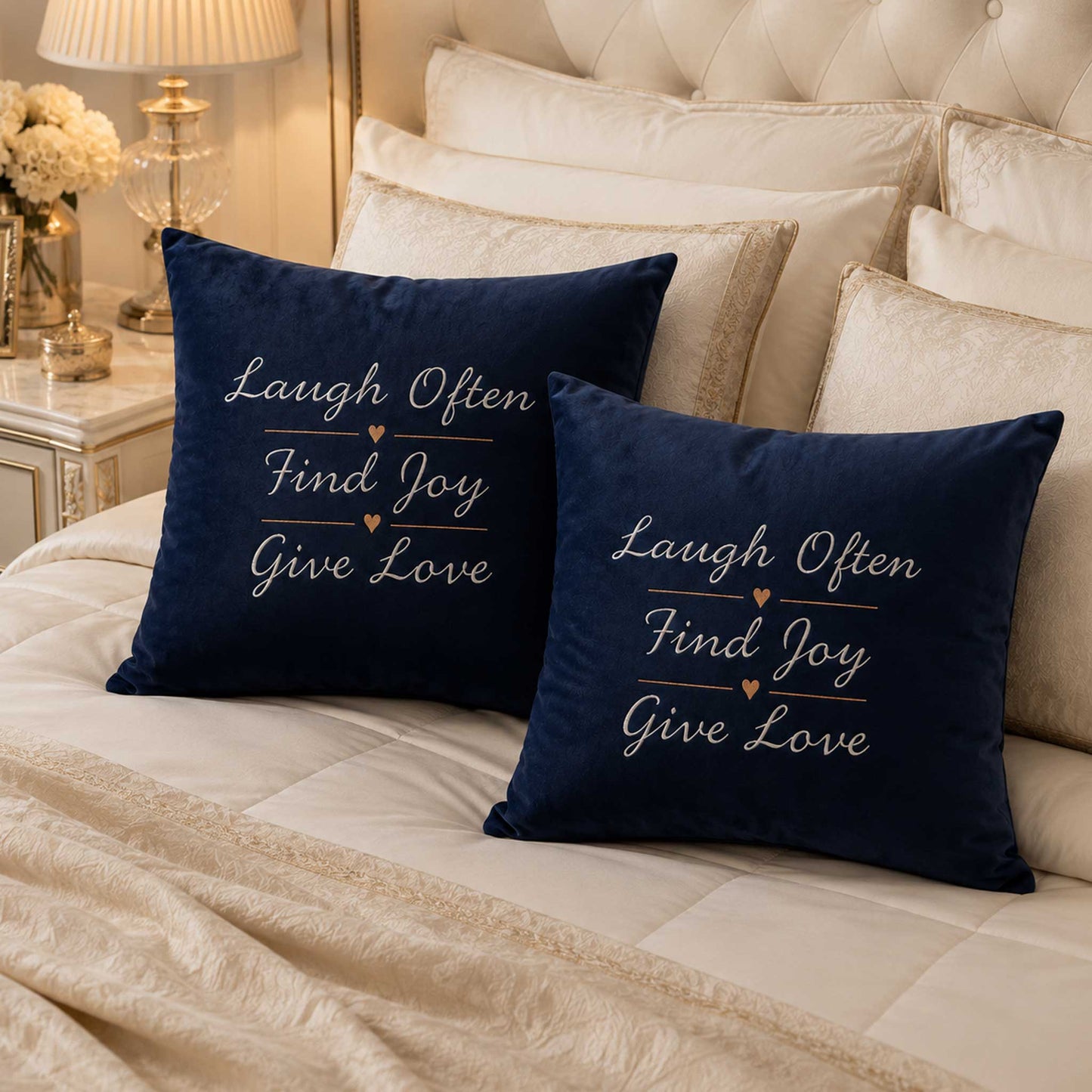 Inspirational Navy Blue Velvet Cushion - Give Love
