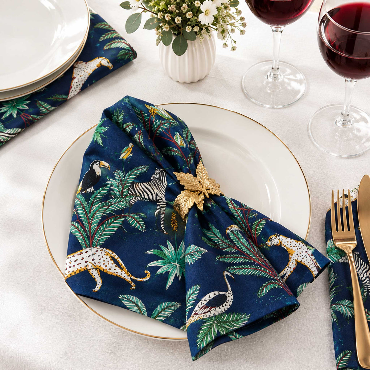 Savanah Jungle Print Cotton Napkin Set of 6 -Blue